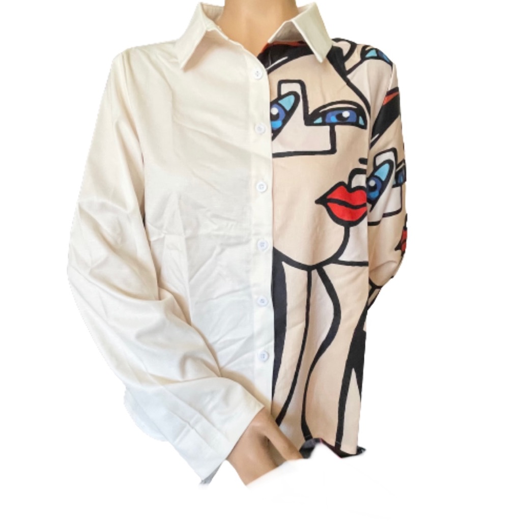 Linen Look Abstract Figure Graphic Button Front Shirt Size L
